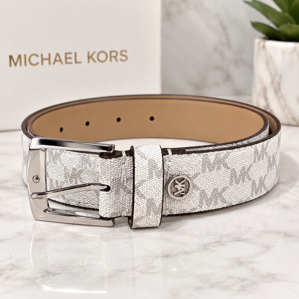 Michael Kors White Silver MK Signature Belt Women’s Designer Monogram New
